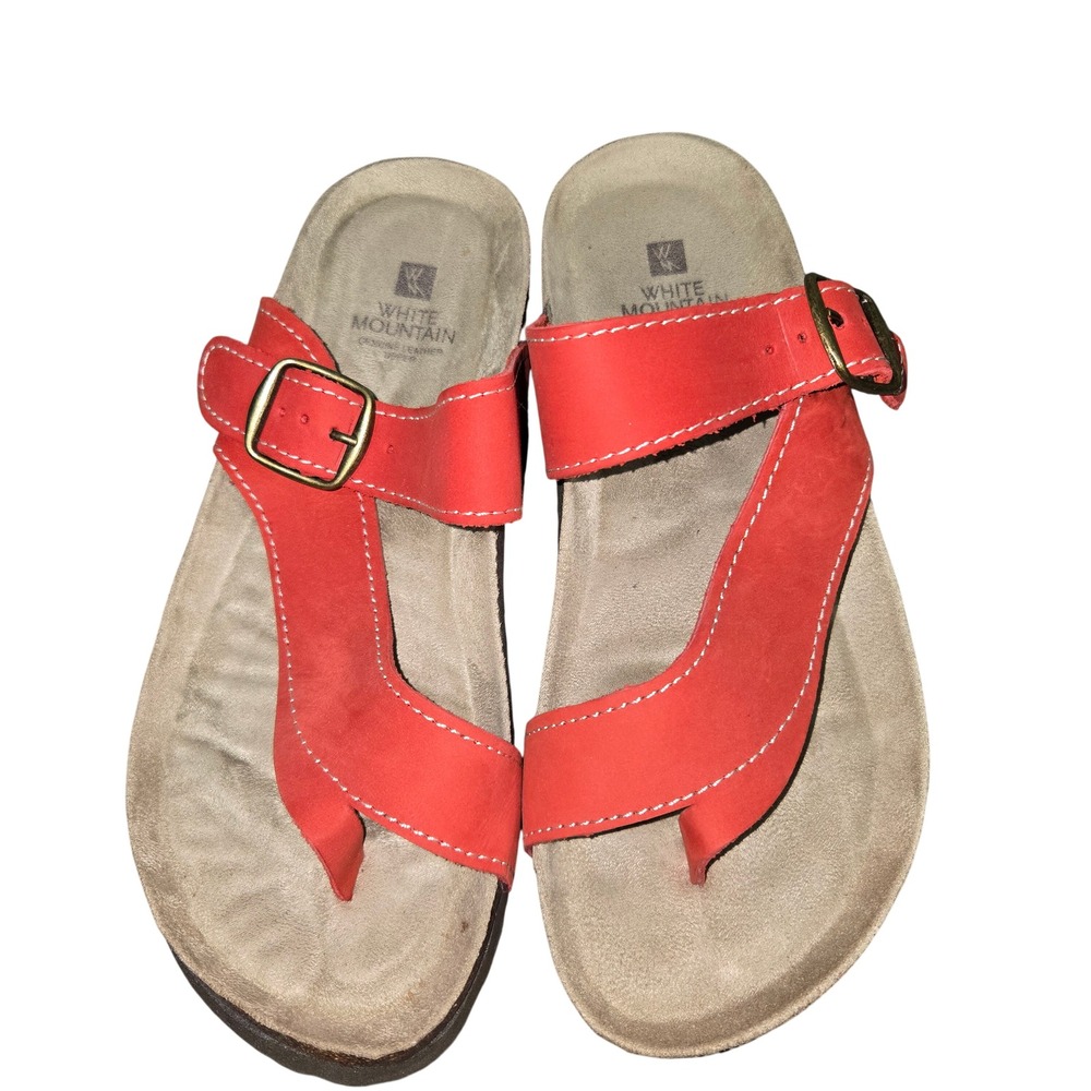 White Mountain Carly Red Leather Footbed Sandals Toe Loop Buckle Womens 7M
